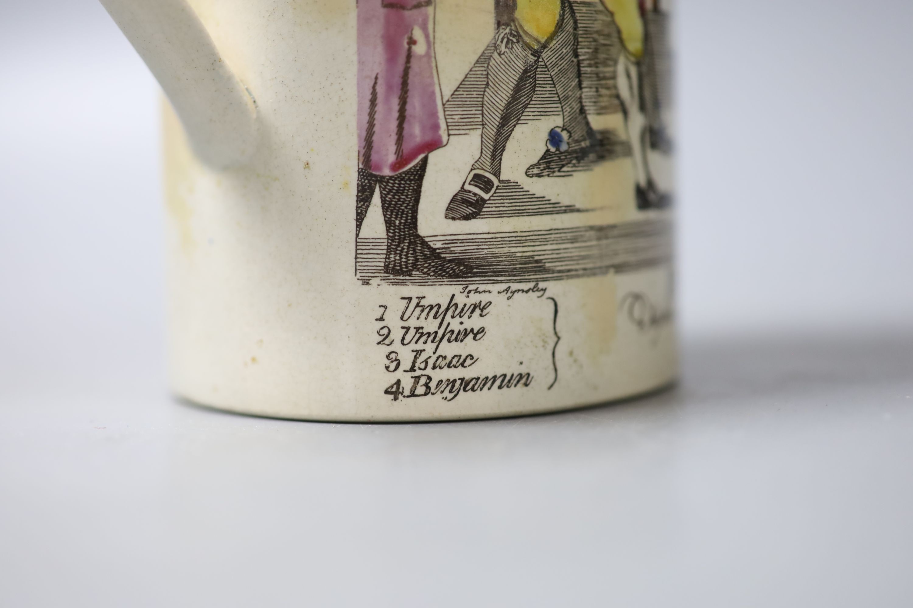 Boxing History- A late 18th century pearlware mug, depicting Humphreys v Mendoza, height 12cm